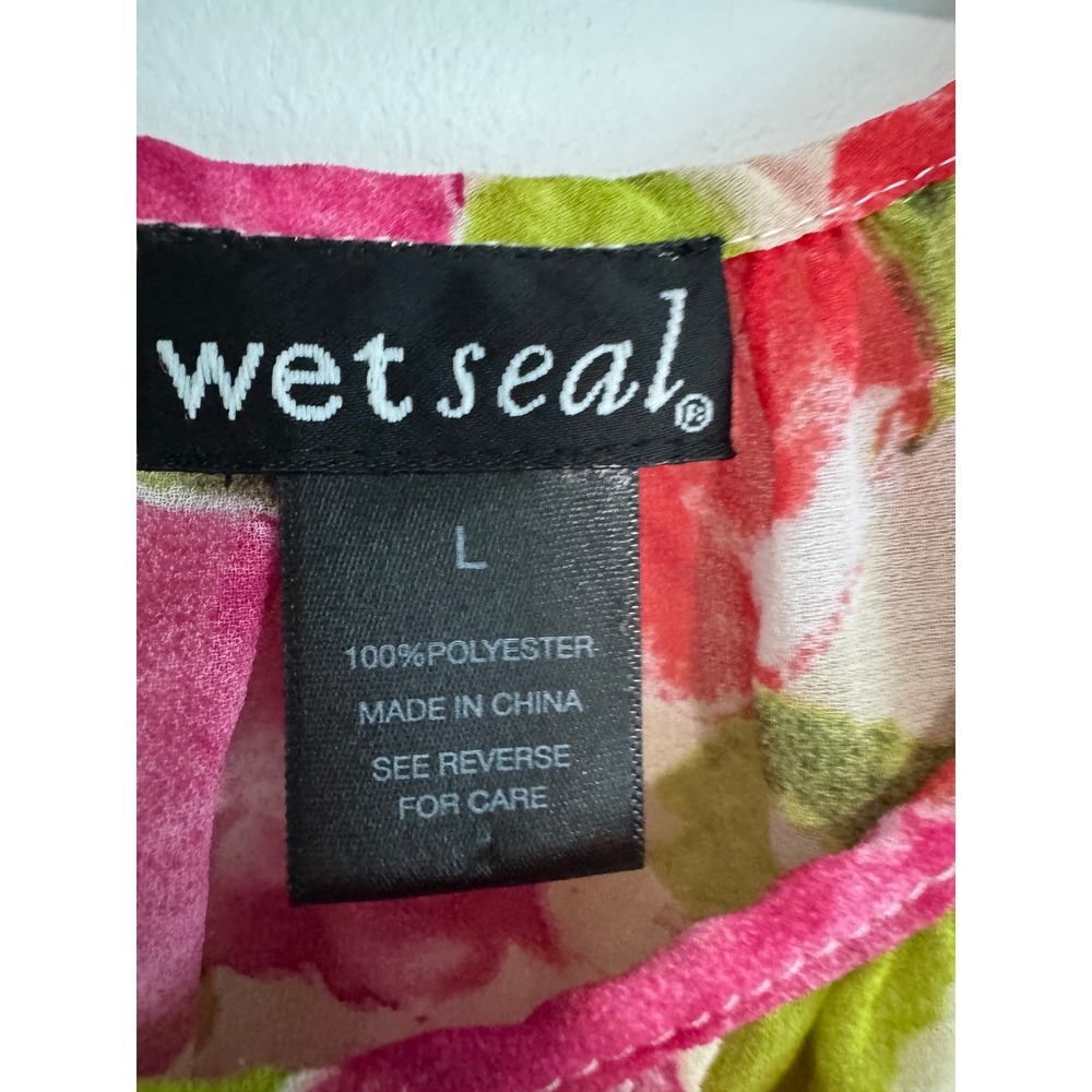 Wet Seal Y2K Floral Crop Top Red Pink Rose Sheer Flutter Sleeve Tie Hem Blouse L - Picture 3 of 5